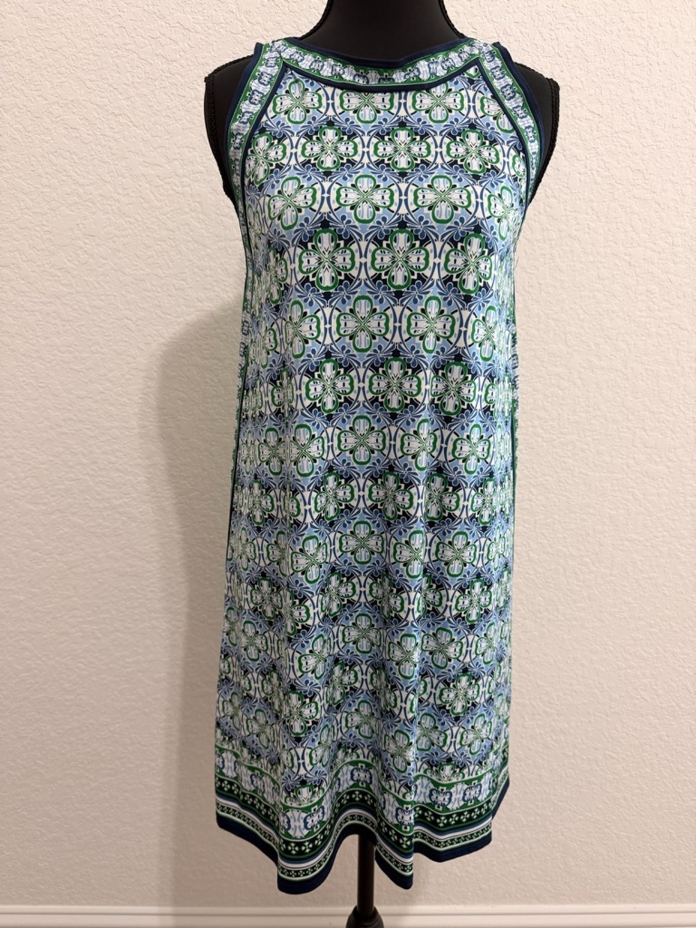 Max Studio Sleeveless Shift Dress | Blue Green Geometric Moroccan Print Dress
